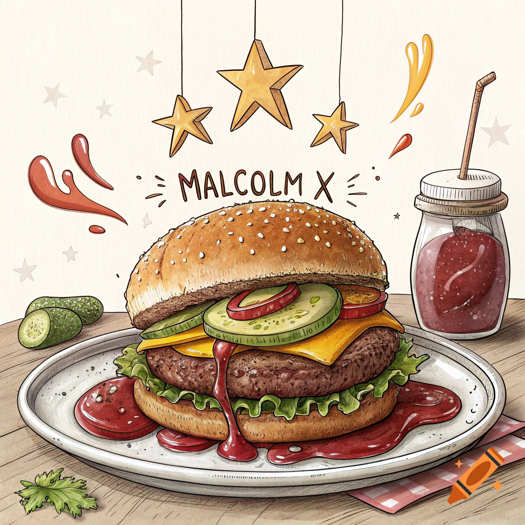 Stylized drawing of a burger and drink with the text 'MALCOLM X'.