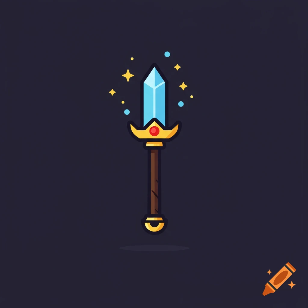 A simple, stylized fantasy sword with a blue crystal blade, gold hilt, and sparkling effects on a dark background.