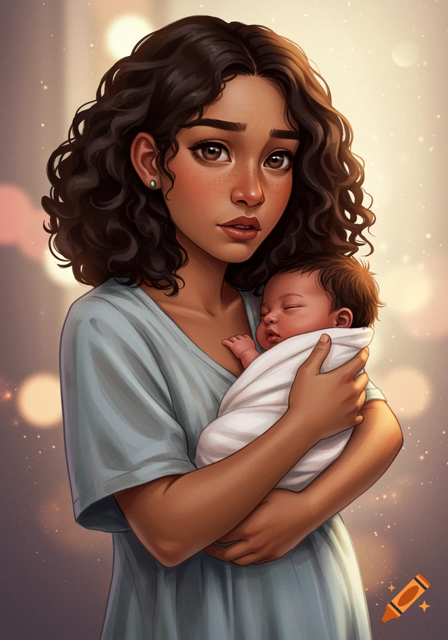 An illustration portrait of a young woman holding a swaddled baby, with soft lighting.