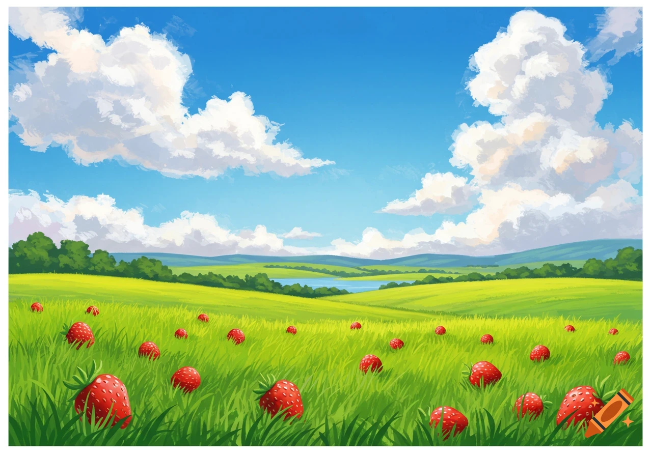 A painterly landscape of a grassy field with large strawberries, a lake in the distance, under a blue sky with clouds.