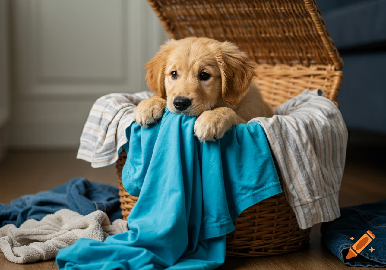 A golden retriever puppy sits in a laundry basket with clothes.