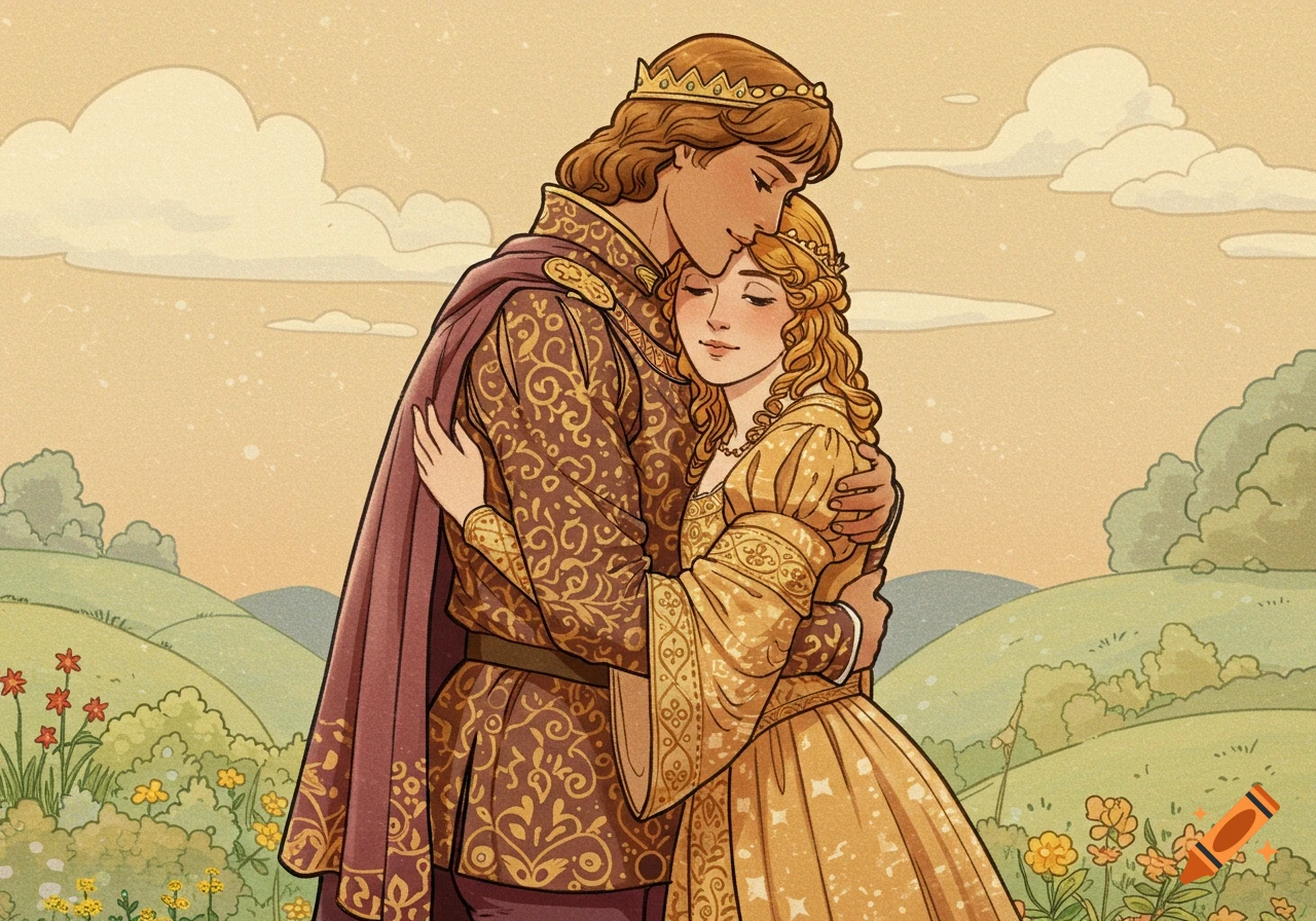 A prince and princess embrace in a field in the golden age of illustration style.