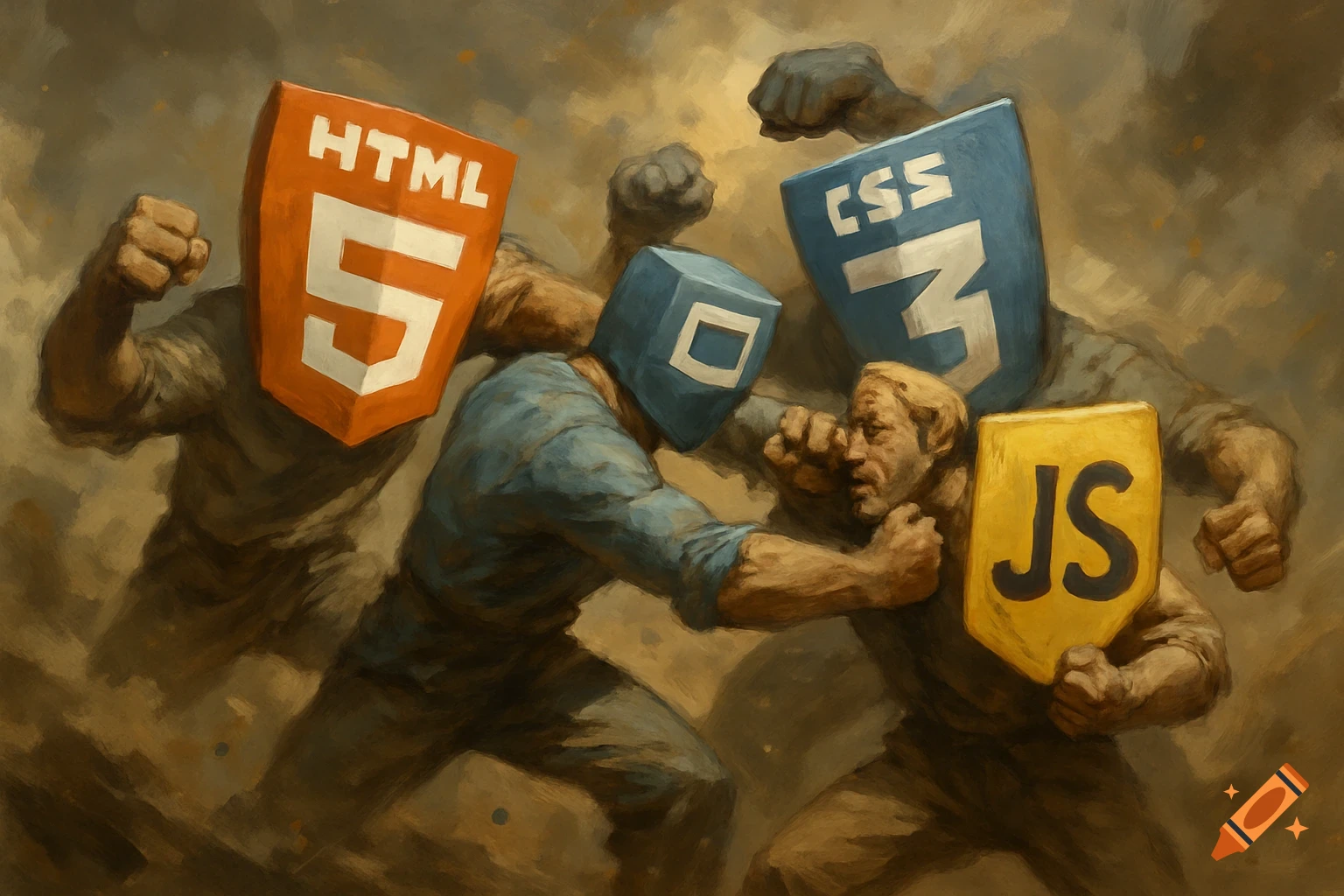 Figures with HTML, CSS, and JS shields fight in a painterly style.