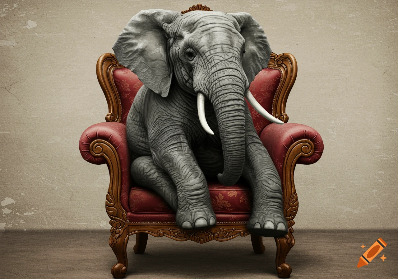 Large elephant sits on an ornate red armchair in a room.