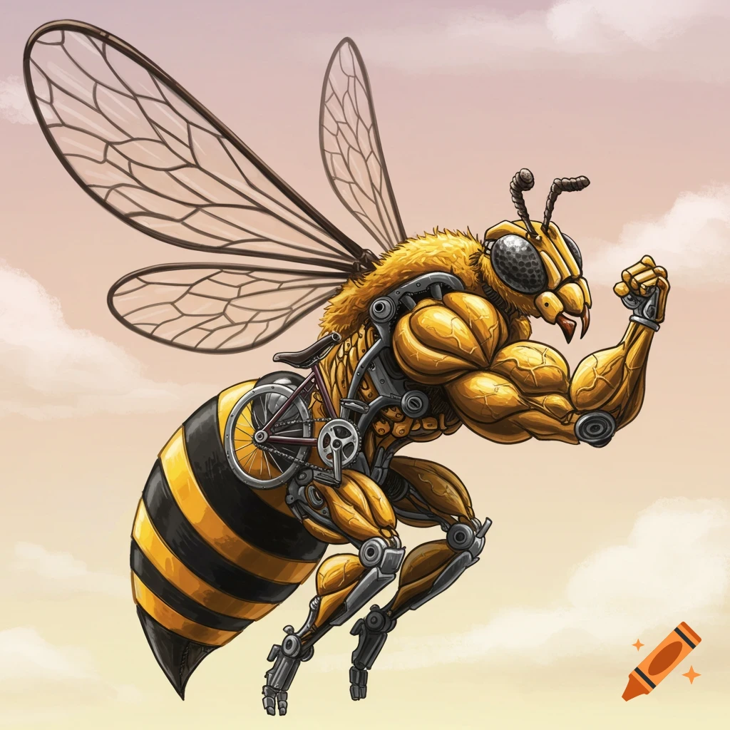 Muscular bee made of bicycle parts flying