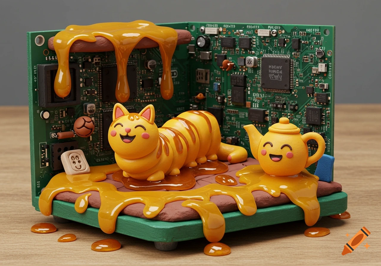 Clay diorama of a happy cat-caterpillar and teapot on a circuit board covered in honey.