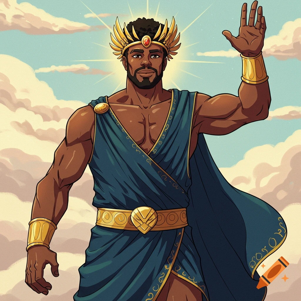 Cartoon of an African American man dressed as a Greek god with a gold crown and teal robe, raising his hand.