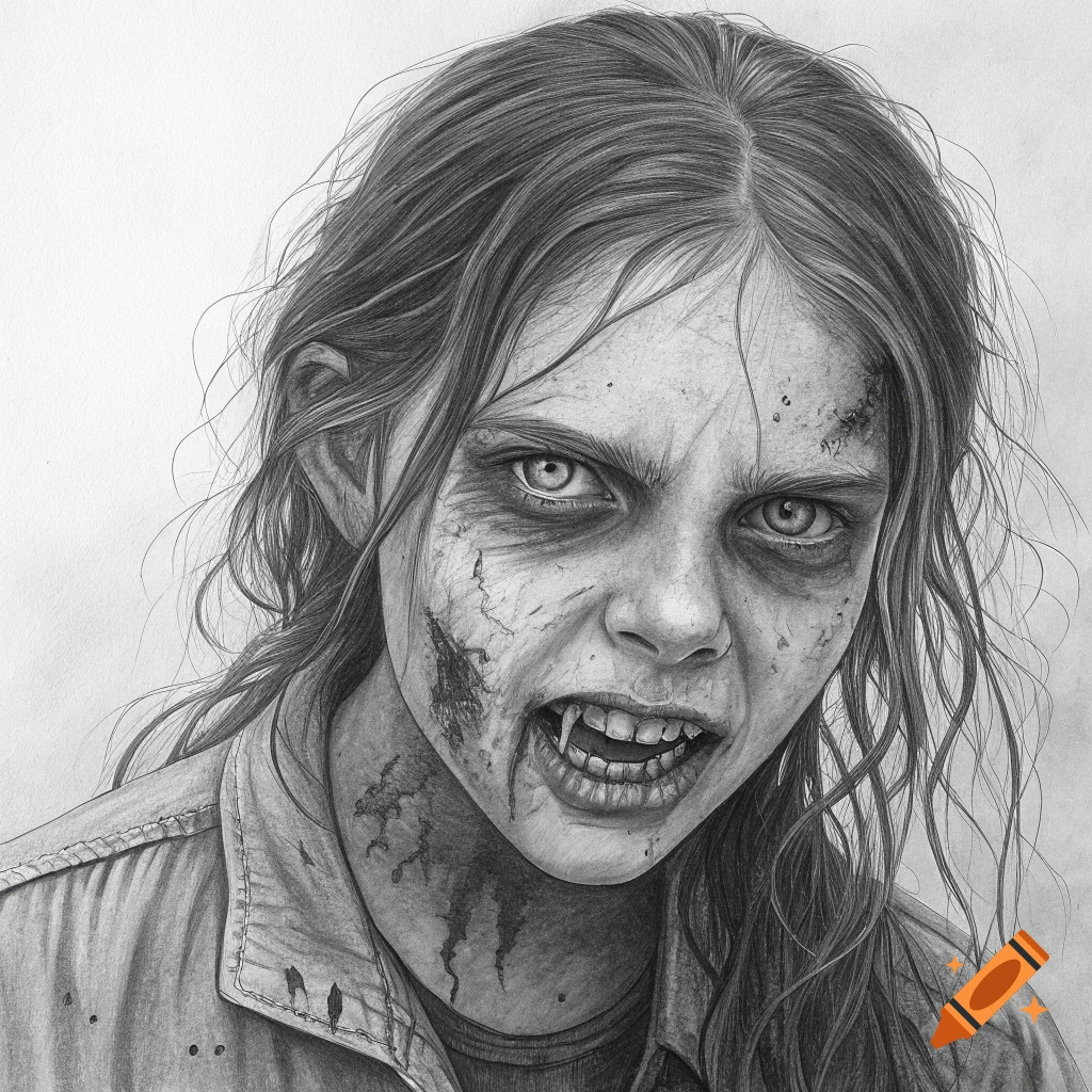 Black and white pencil drawing of a zombie girl's face with blood and fangs.