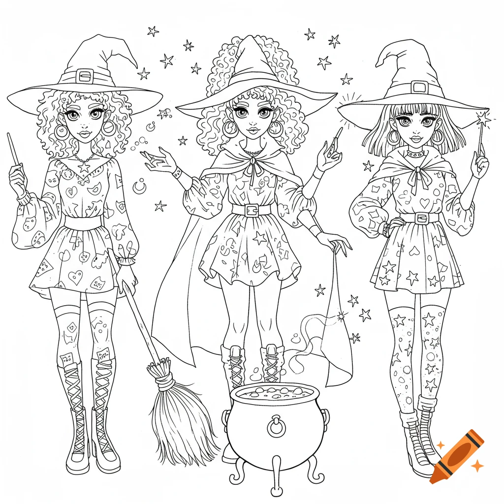Black and white line art coloring page of three young witches with brooms and a cauldron.