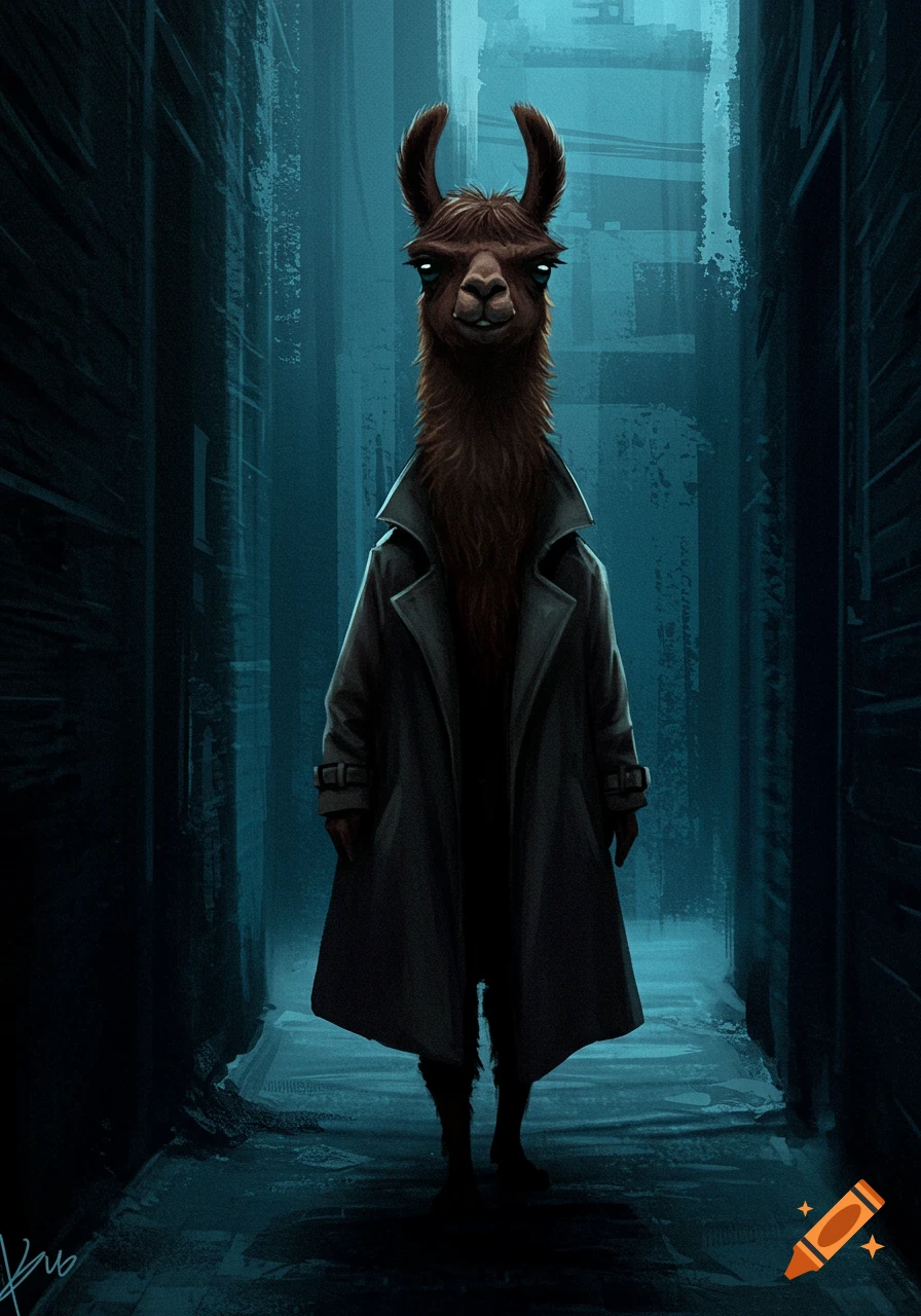 Illustration of a llama wearing a trench coat standing in a dark alley.