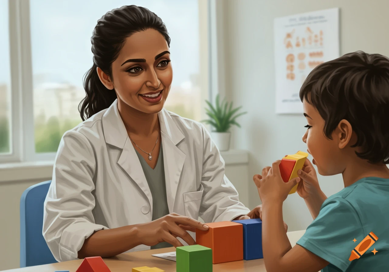 South Asian therapist and child playing with colorful blocks in a clinic.