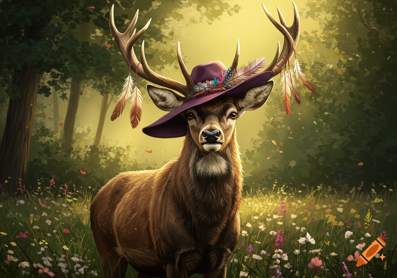 Illustration of a deer wearing a feathered hat in a sunny forest meadow