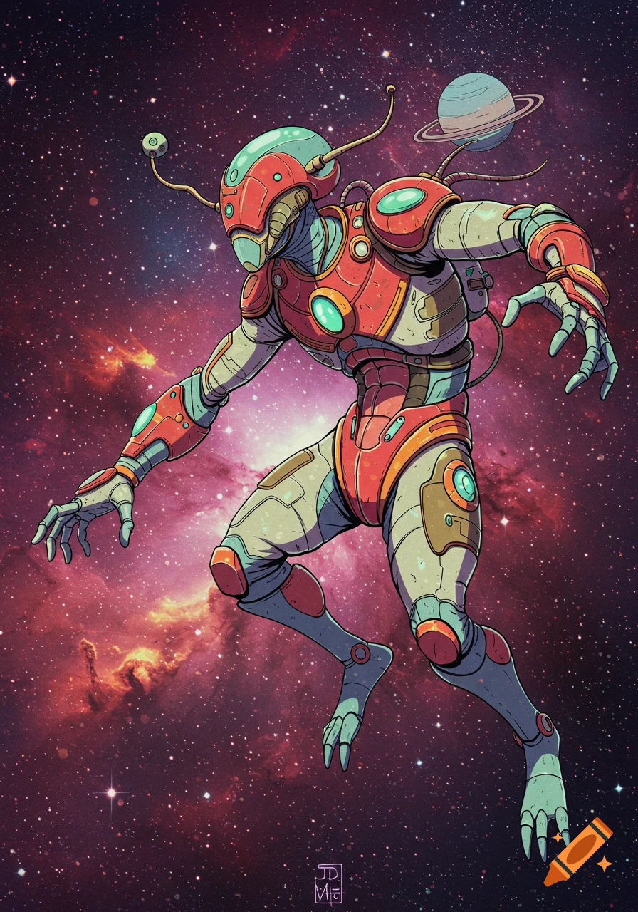 A stylized alien or robot creature floats in space against a nebula background.