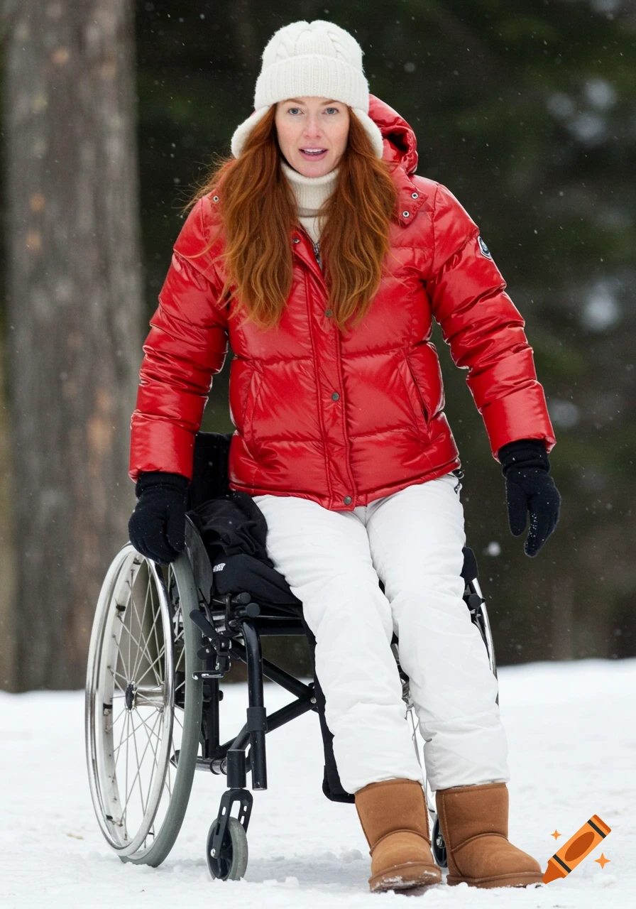 A woman in a red puffer jacket and white hat sits in a wheelchair in the snow, wearing brown boots.