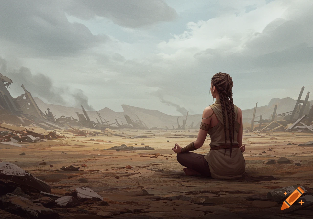 A woman meditates in a war-torn fantasy landscape.