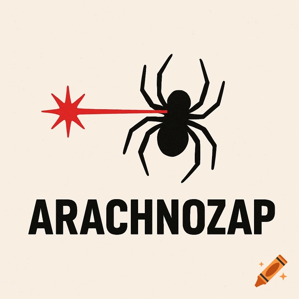 Logo of a black spider with a red laser beam and the text 'ARACHNOZAP'.