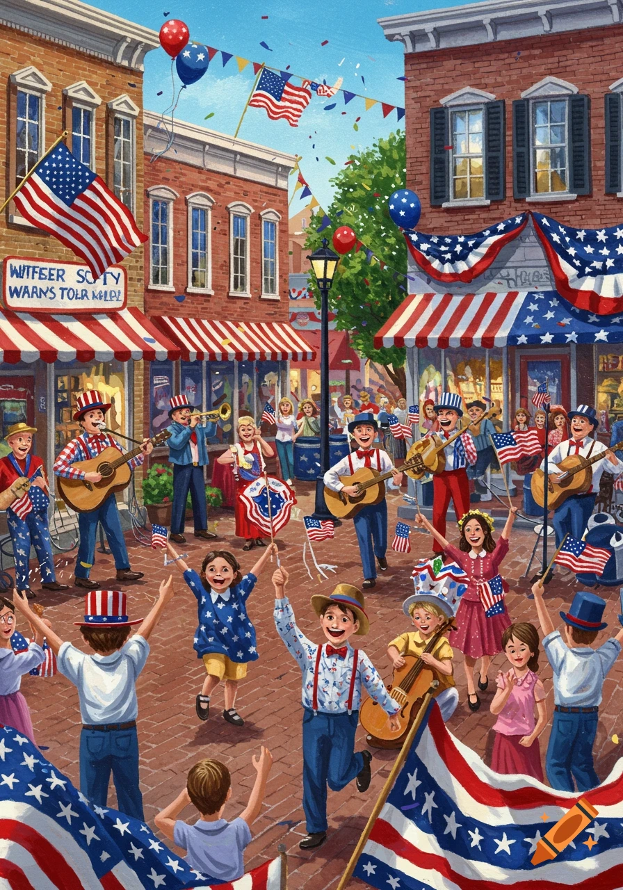 Illustration of a patriotic street celebration with people waving American flags, balloons, and confetti.