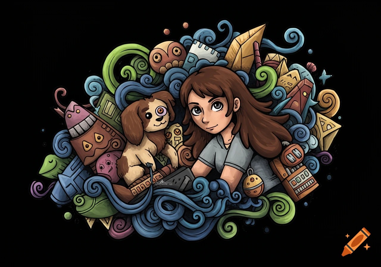 A cartoon doodle of a girl and a dog surrounded by swirling shapes and objects on a black background.