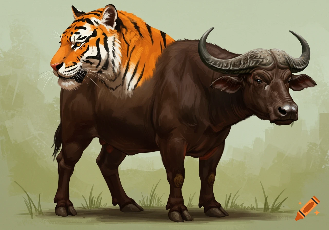 Digital painting of a creature with a tiger head and a water buffalo body