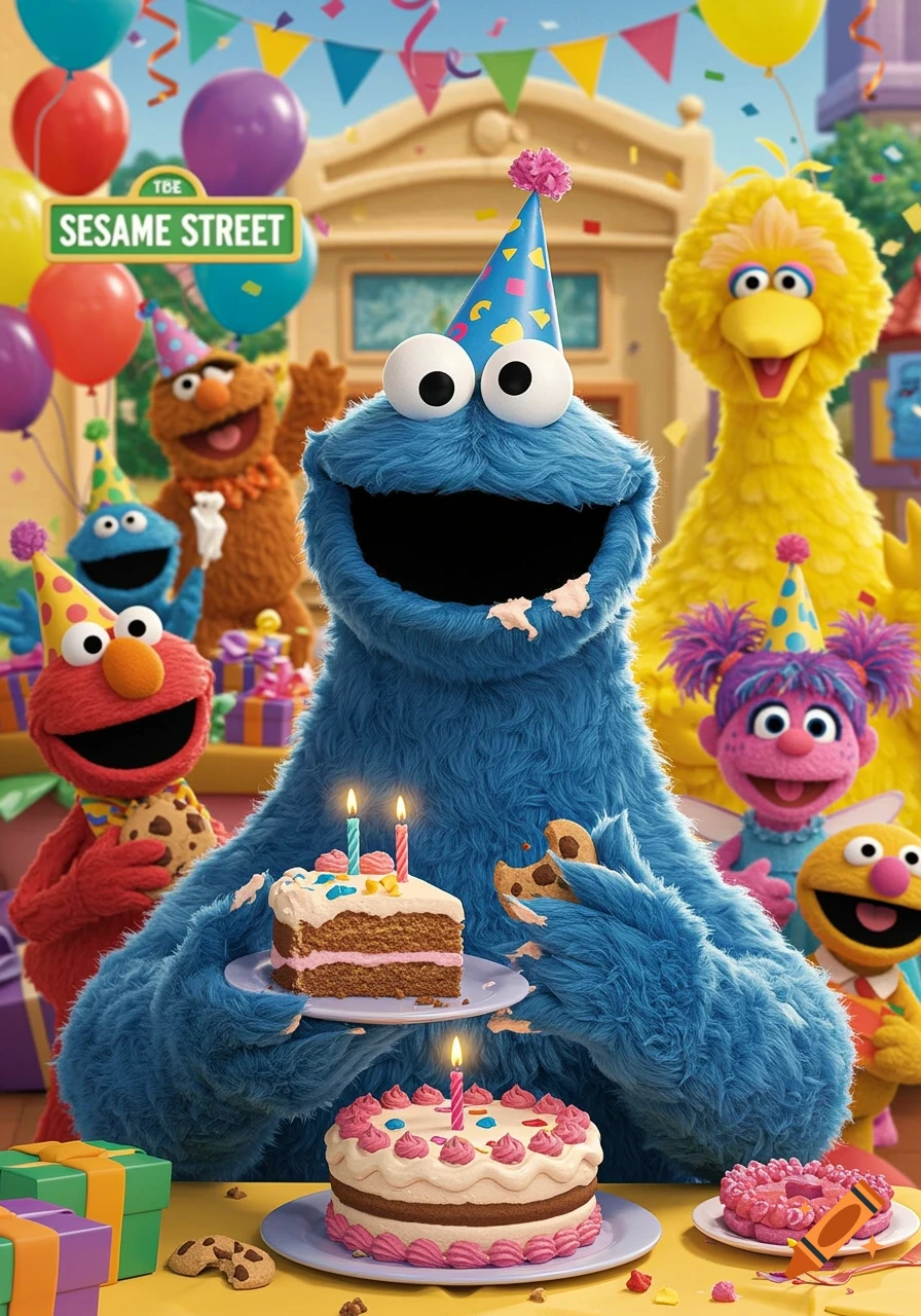 Sesame Street characters, including Cookie Monster, Elmo, and Big Bird, celebrate a birthday with cake and balloons.