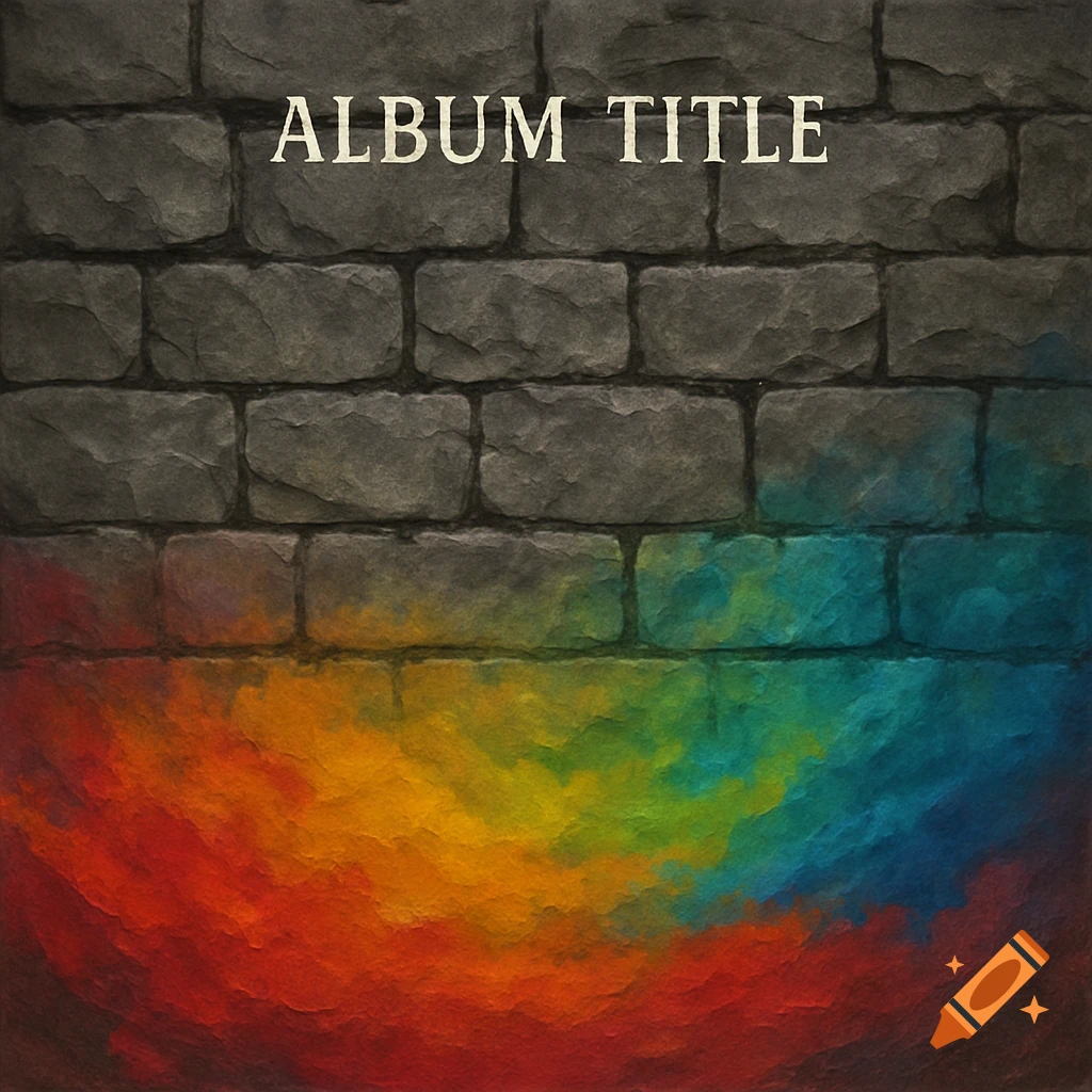 A stone wall texture with a vibrant rainbow color gradient bleeding up from the bottom and the text "ALBUM TITLE" at the top.