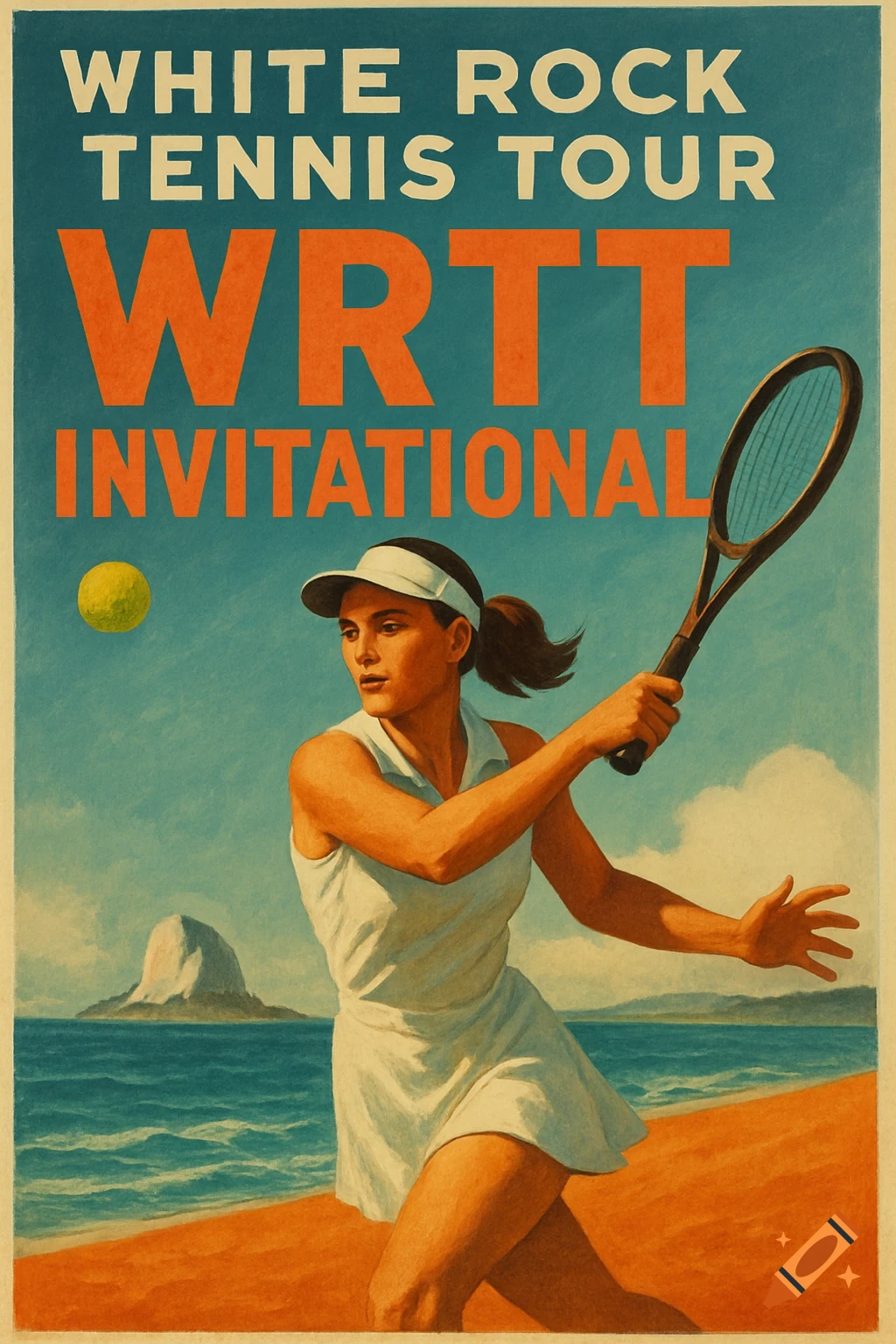 Vintage poster of a woman playing tennis on a beach, promoting White Rock Tennis Tour.