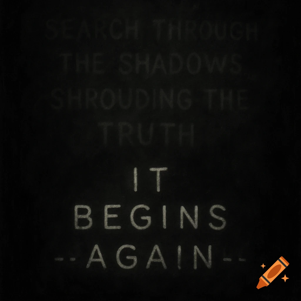 White text on a black background says "SEARCH THROUGH THE SHADOWS SHROUDING THE TRUTH" faintly in the background, and "IT BEGINS AGAIN -- AGAIN --" brightly in the foreground.