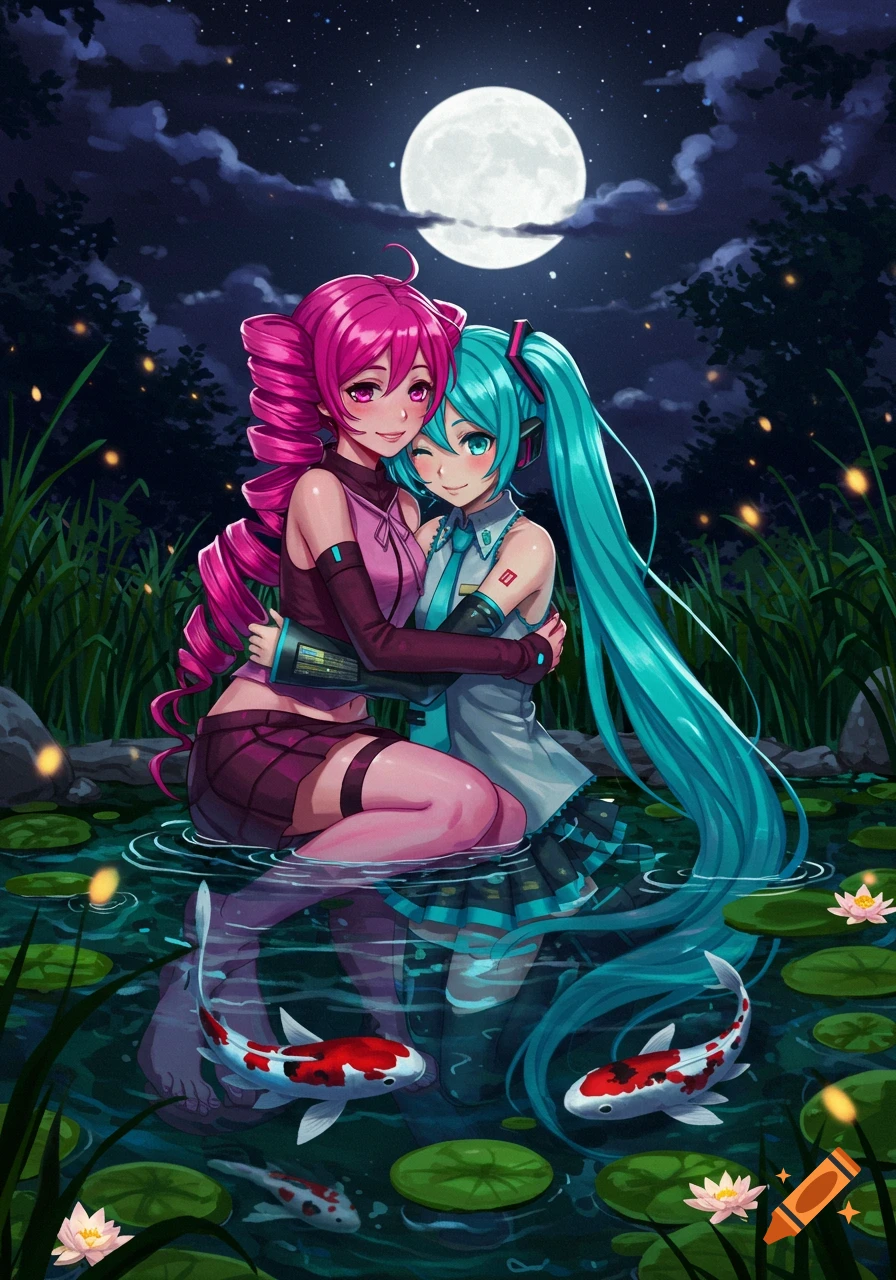 Anime illustration of Teto Kasane and Hatsune Miku hugging in a koi pond under a full moon.