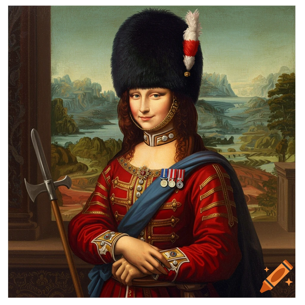 Oil painting portrait of the Mona Lisa wearing a red British guard uniform and tall bearskin hat, holding a halberd.