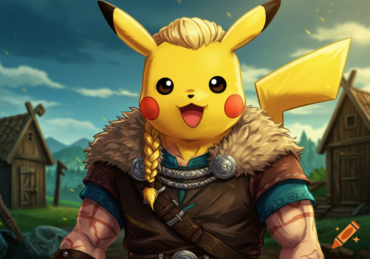 Pikachu dressed as a Viking stands in a village.