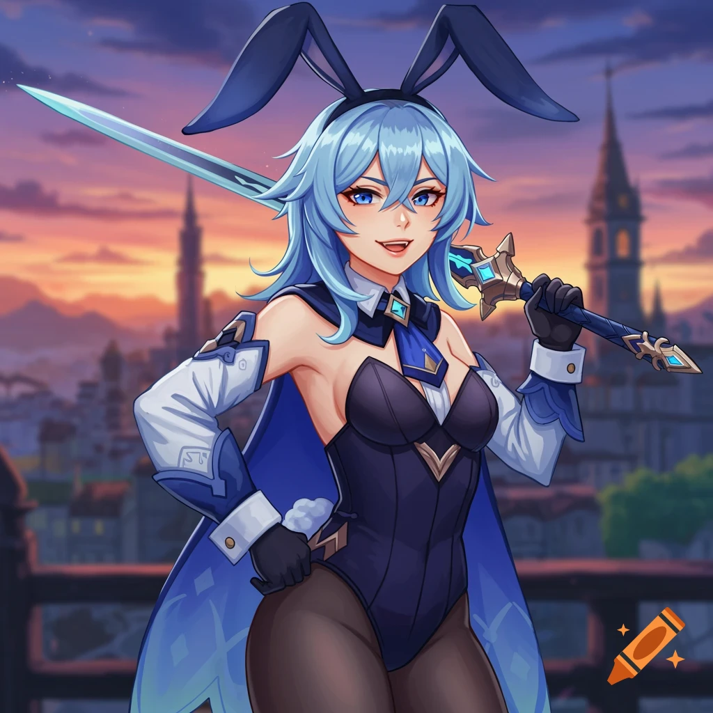 Anime illustration of Eula from Genshin Impact in a bunny suit, holding a sword against a sunset cityscape.