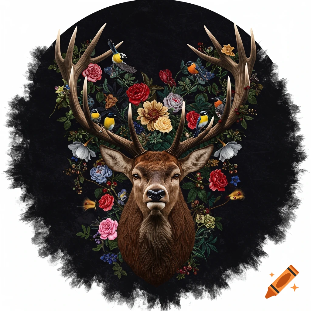 Realistic illustration of a stag head with antlers entwined with flowers and birds on a dark background.