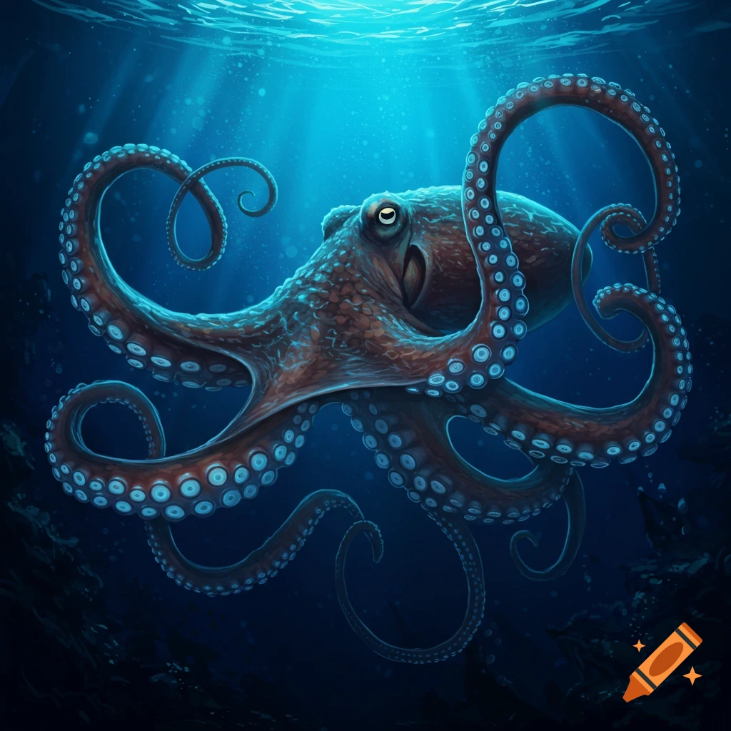 A large octopus swims in deep blue water with light rays filtering from above.