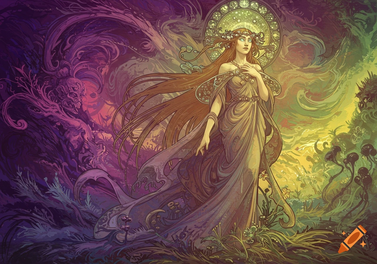 Art nouveau illustration of a woman in a flowing dress in a vibrant, swirling fantasy landscape.