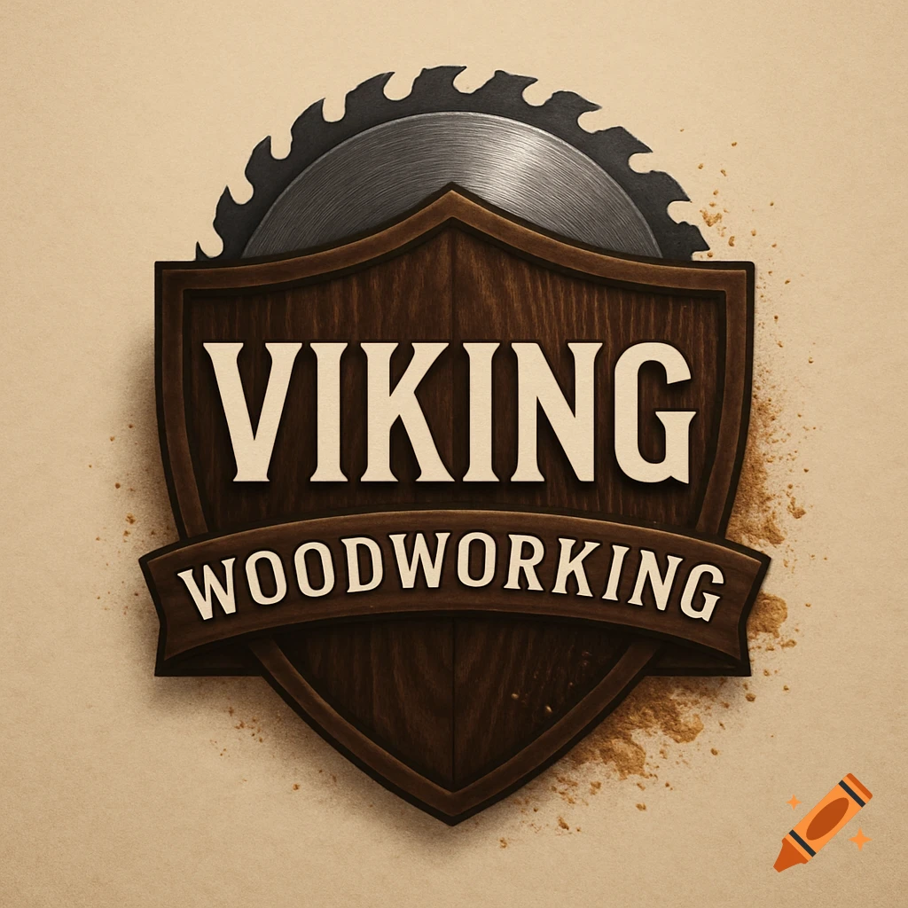 Logo with a wooden shield and banner reading 'VIKING WOODWORKING', a saw blade, and sawdust.