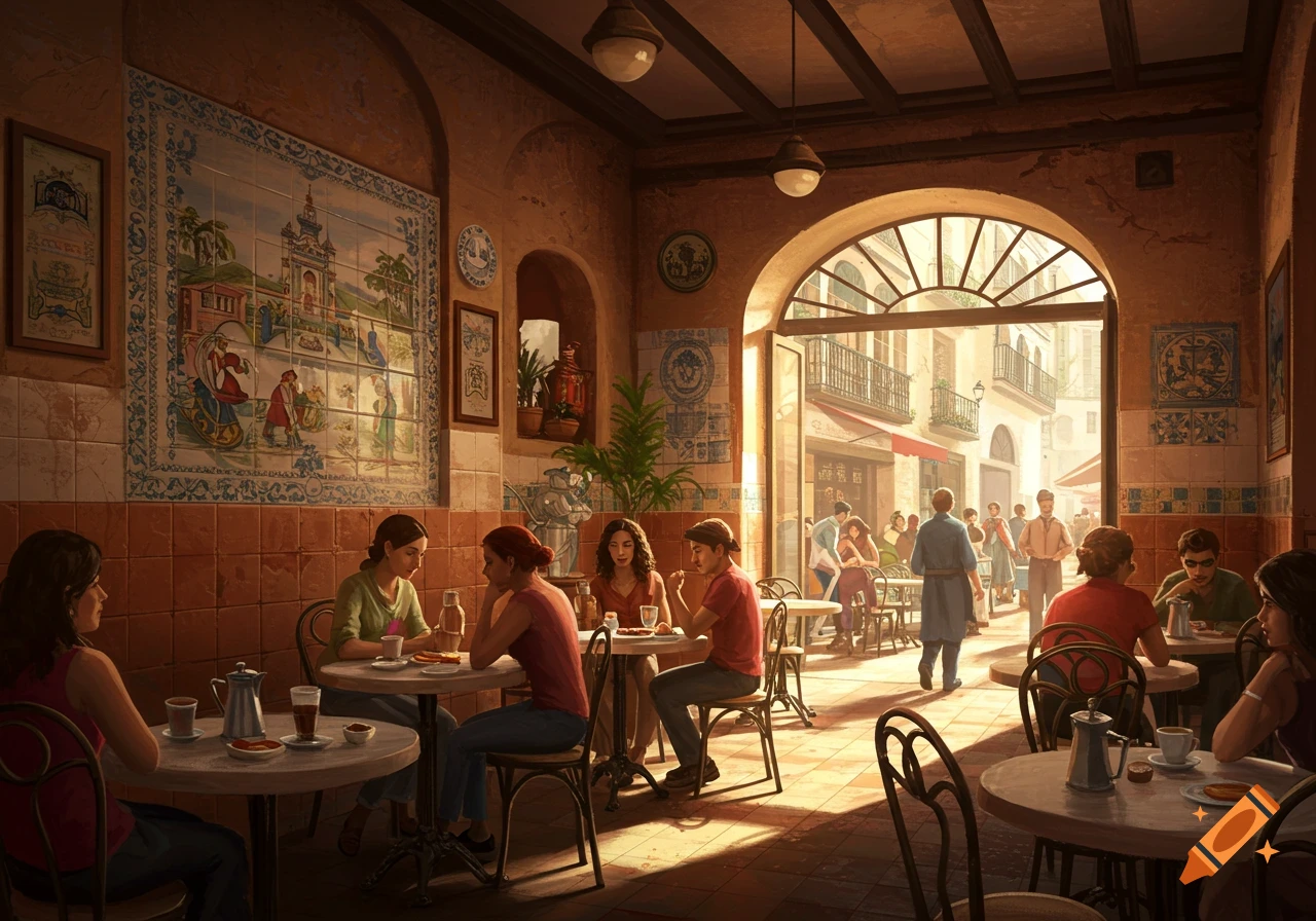 A warm, sunlit interior of a Spanish cafe with people sitting at tables, tiled walls, and an archway opening onto a busy street.