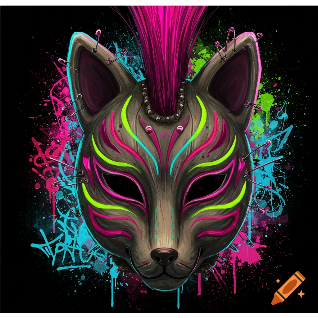 A punk style fox mask with bright neon markings and safety pins on a colorful splatter background.