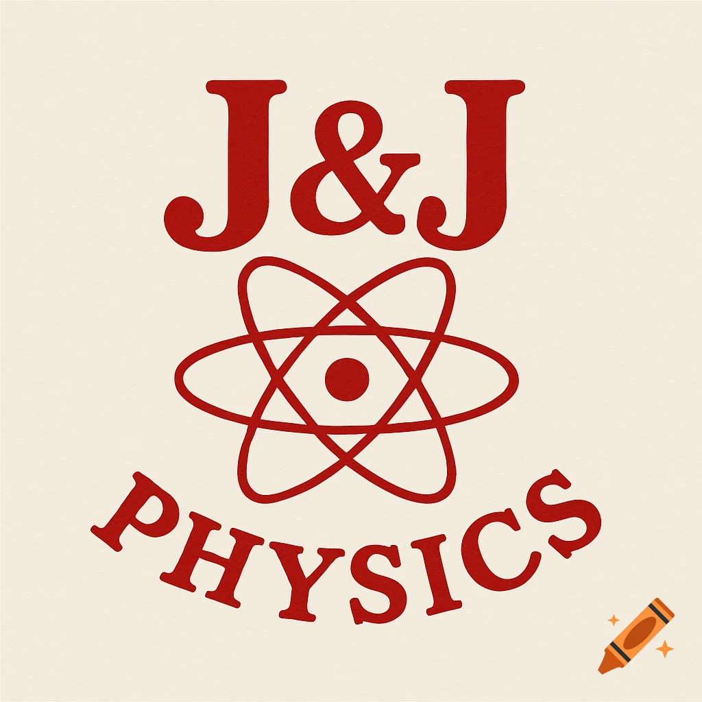 Red J&J physicis logo with atom symbol on a cream background.