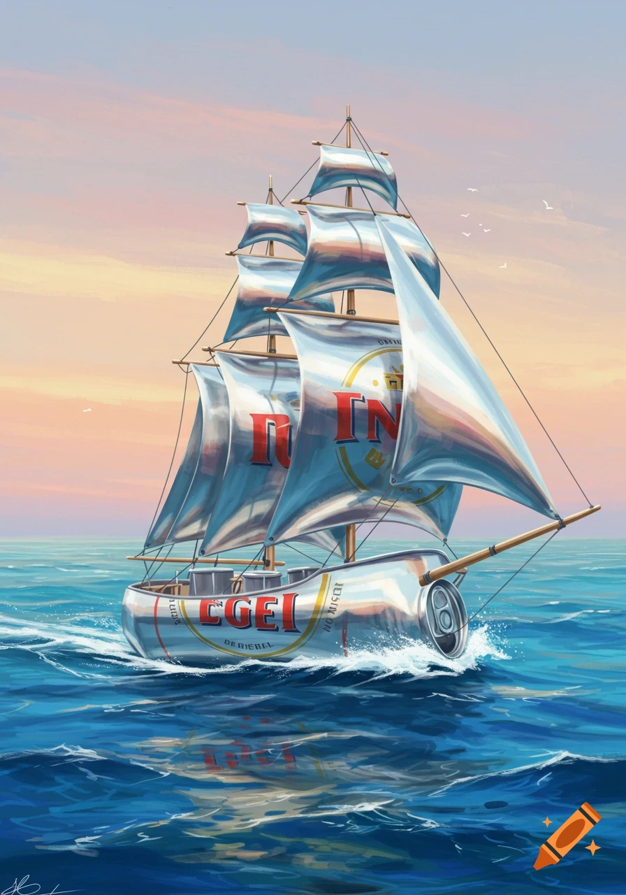 A sailboat made from a beer can floats on the ocean under a pastel sky.