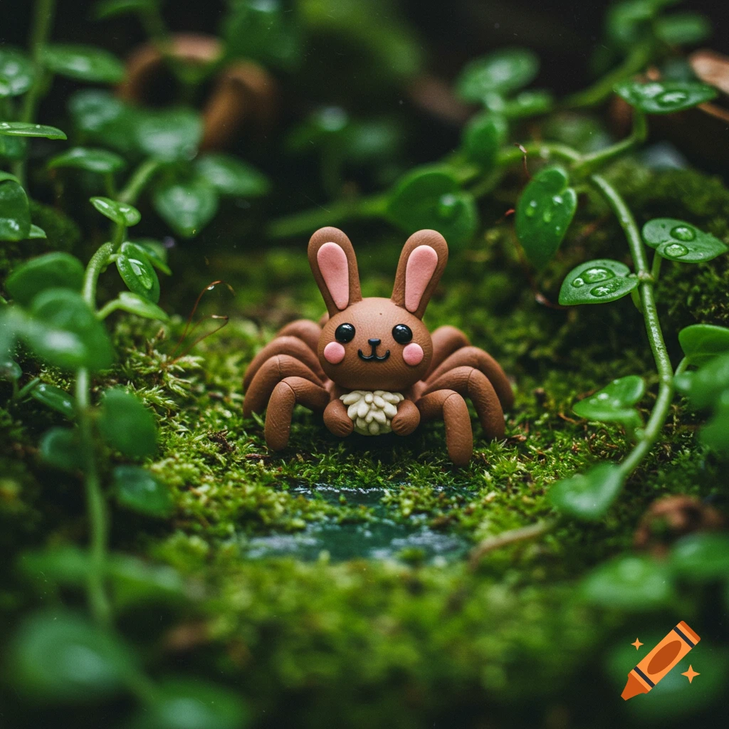 Miniature clay bunny-spider on a mossy forest floor with raindrops and puddles.