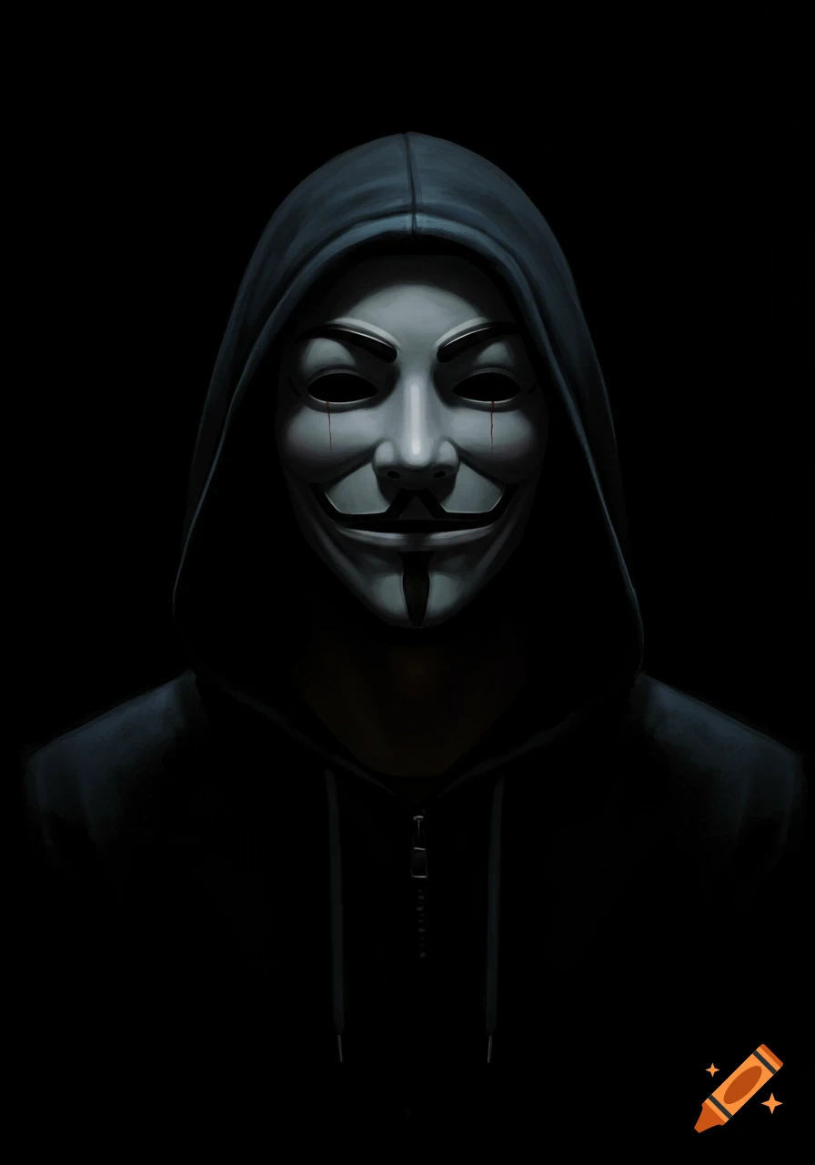 A figure wearing a Guy Fawkes mask and hooded jacket in dark, dramatic lighting.