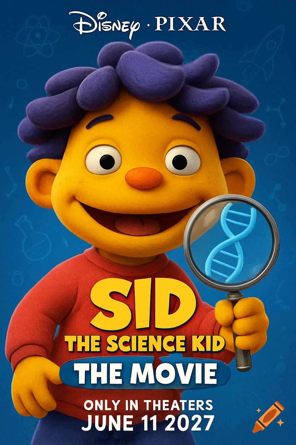 Movie poster for Sid the Science Kid, featuring the animated character with a magnifying glass showing DNA. Pixar style.