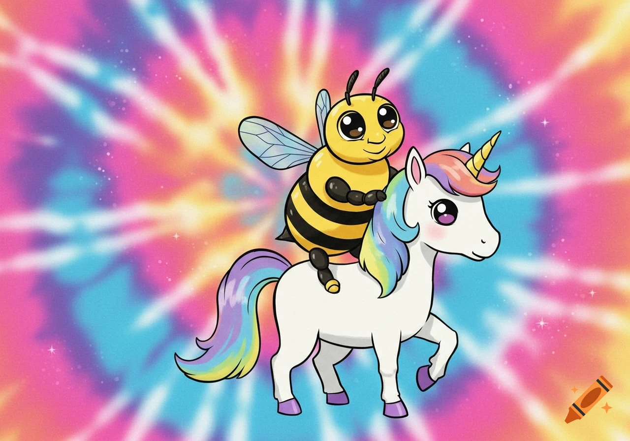 Cartoon bumblebee riding a unicorn with a colorful tie-dye background