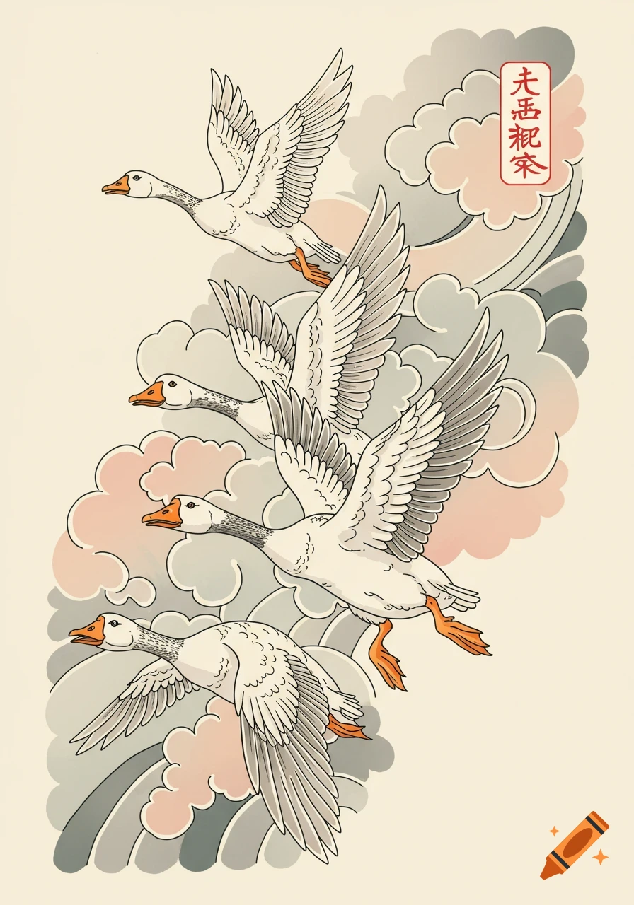 Four white geese flying among grey and pink Japanese traditional clouds in a tattoo style.