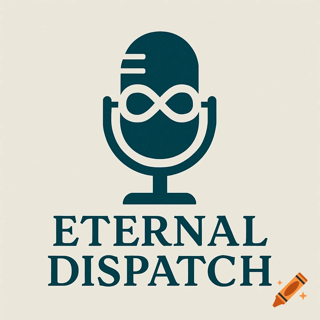 Teal blue logo of a microphone with an infinity symbol on a cream background. Below the logo is the text ETERNAL DISPATCH.