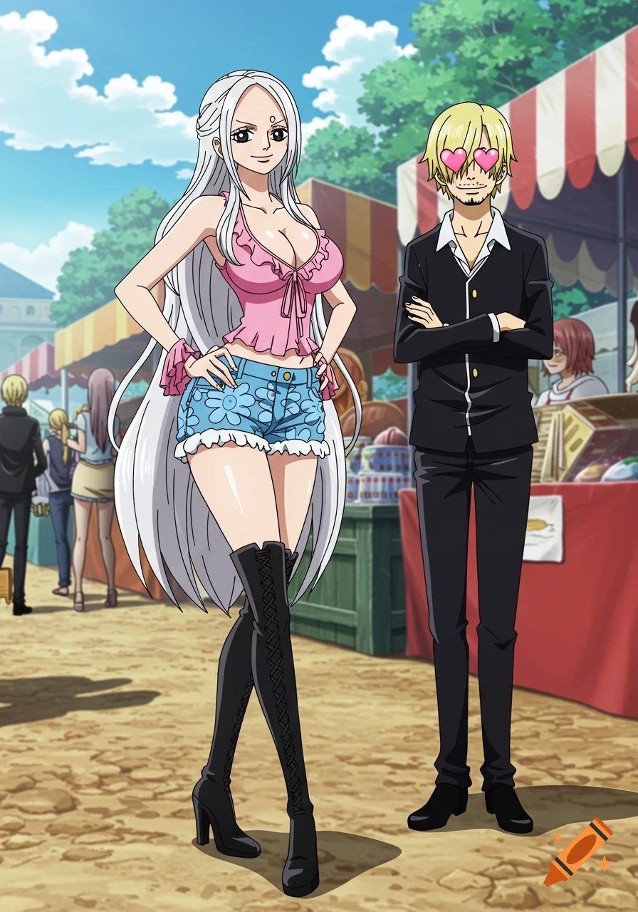 Anime style image of a long white-haired woman in a pink top and blue shorts standing next to Sanji with heart eyes at a fair.