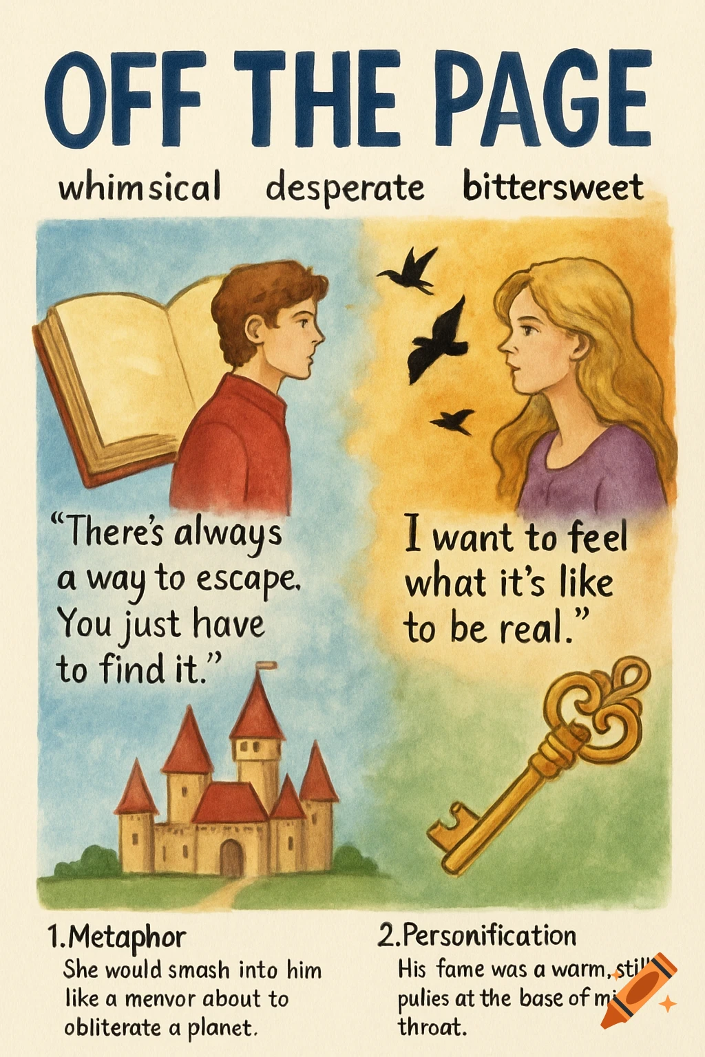 Illustrated book report or one-pager for 'Off the Page', featuring a boy, girl, castle, key, quotes, and literary analysis text.