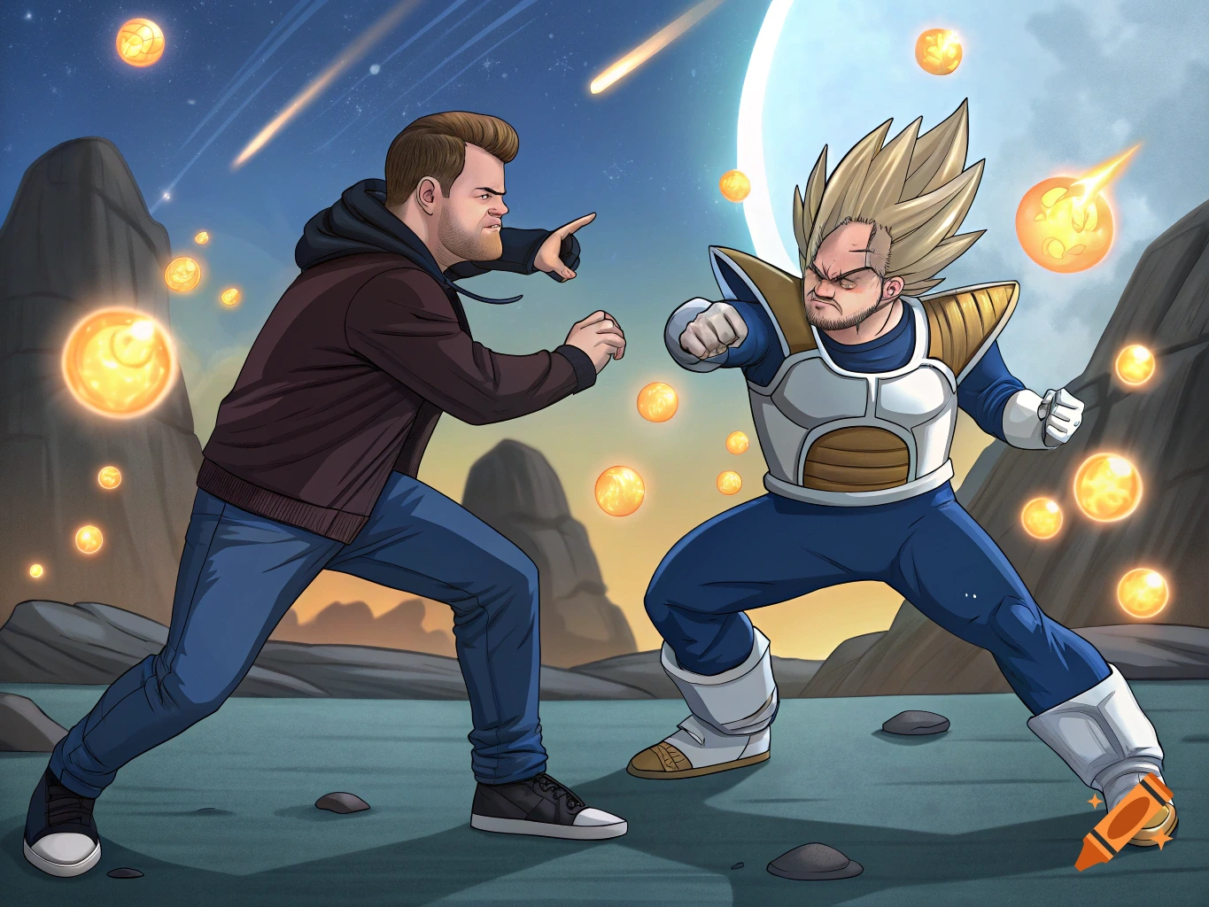 Cartoon illustration of James Corden fighting Vegeta from Dragon Ball Z in a rocky landscape with floating orbs.