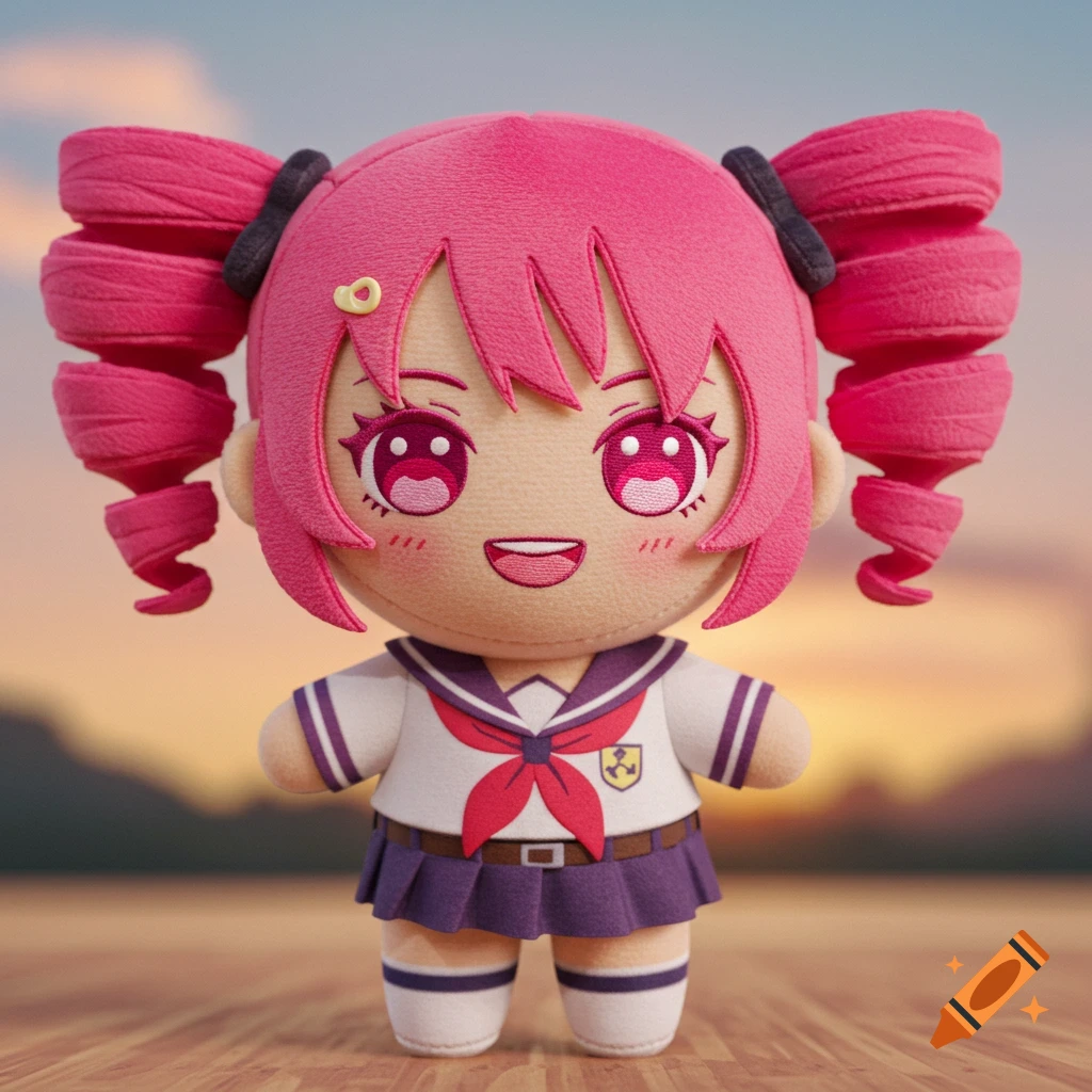 A detailed render of a pink-haired anime plush toy in a school uniform.