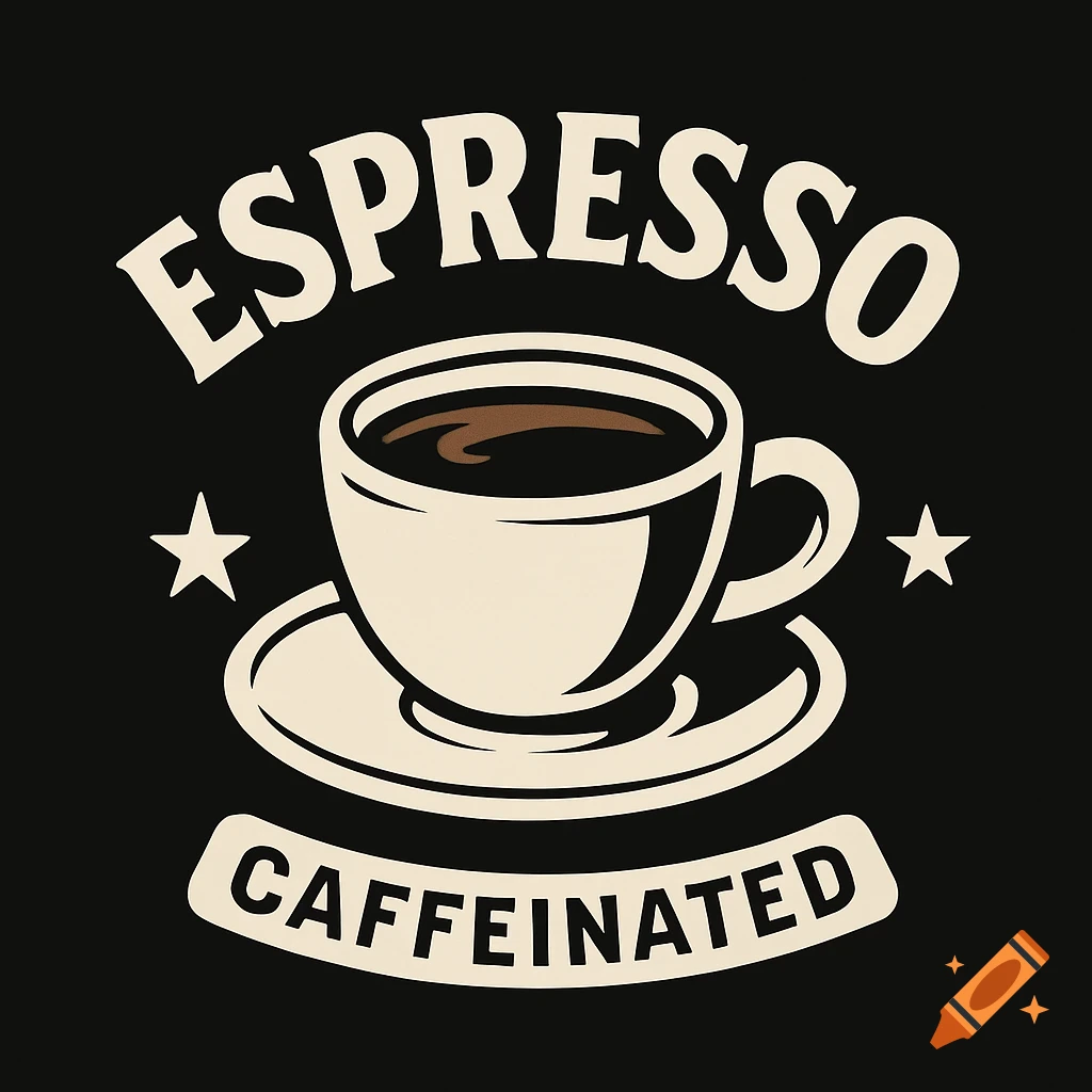 A graphic of a coffee cup on a saucer with stars, featuring the text "ESPRESSO" above and "CAFFEINATED" below on a black background.